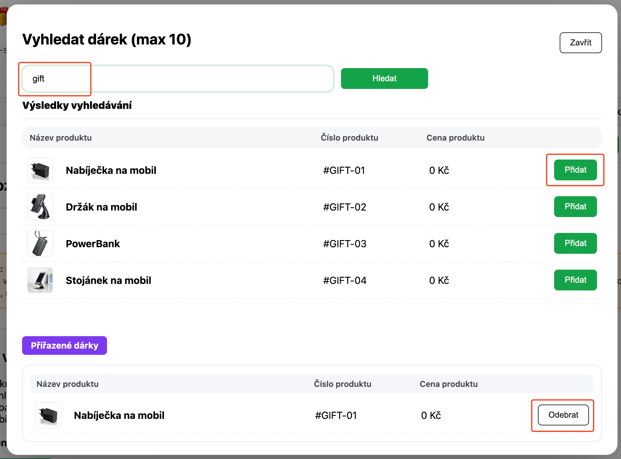 Přidání dárků